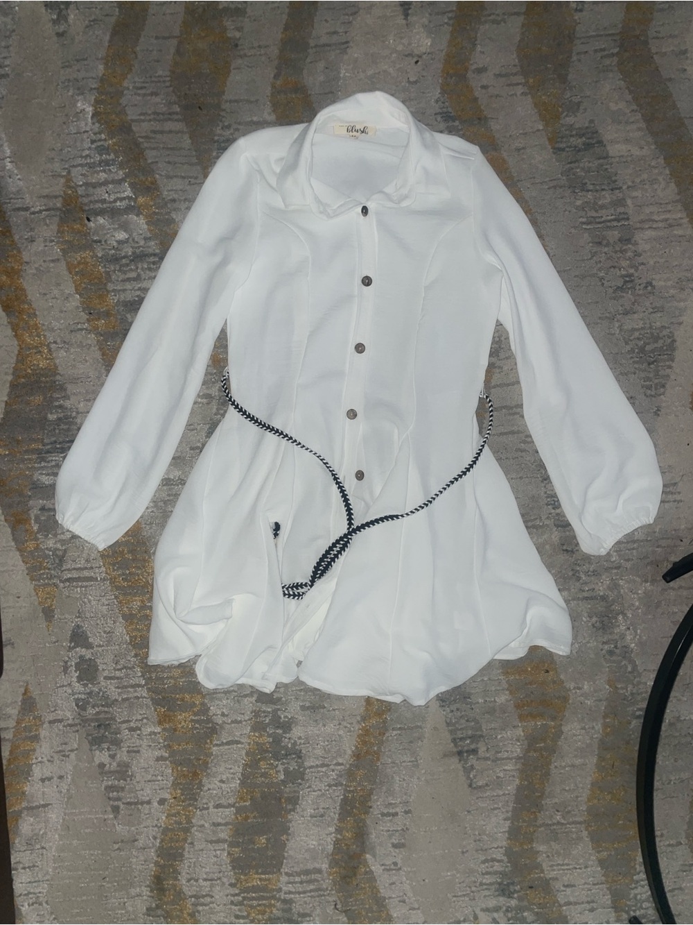 Blush White Long Sleeve Button-Front Shirt Dress with Rope Belt